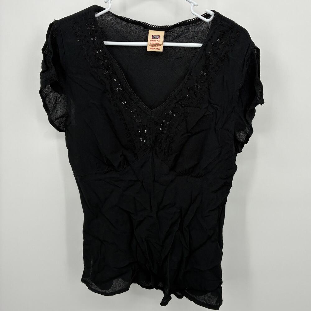 BabyDoll Boho Faded Glory Women's Plus Black Sequin V-Neck Blouse Top 18W/20W